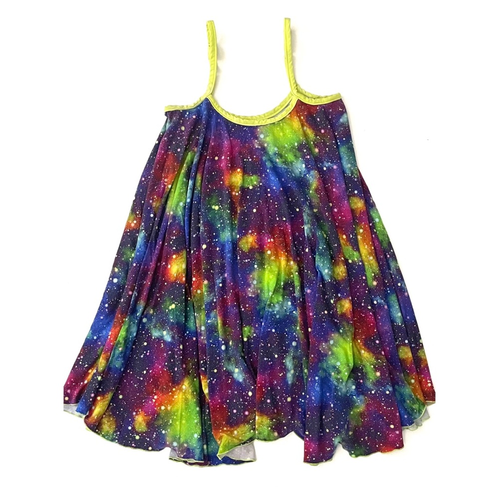 Festival Stretch Jersey Rainbow Nebula Galaxy Trapeze Mini Dress Free Size